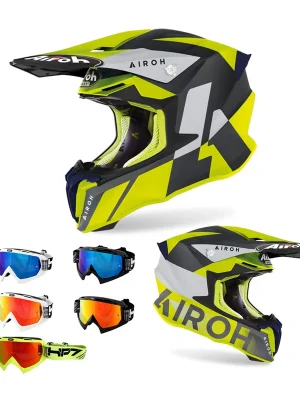 Airoh Twist 2.0 Lift Dunkelblau Gelb MX Helm Crosshelm + HP7 Brille Motocross Enduro L (59/60cm) neon / rot verspiegelt Beliebt