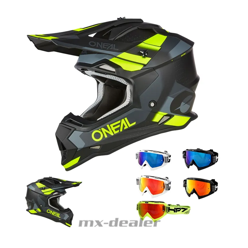 Rabatt O‘Neal Crosshelm 2SRS V.23 Spyde Schwarz Neon ECE 06 MX Helm + HP7 Brille verspiegelt