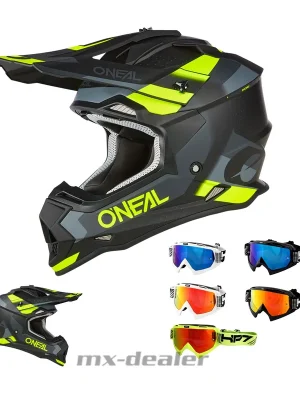 Angebot O‘Neal Crosshelm 2SRS V.23 Spyde Schwarz Neon ECE 06 MX Helm + HP7 Brille verspiegelt XXL (63/ 64cm) HP7 weiß / blau verspiegelt
