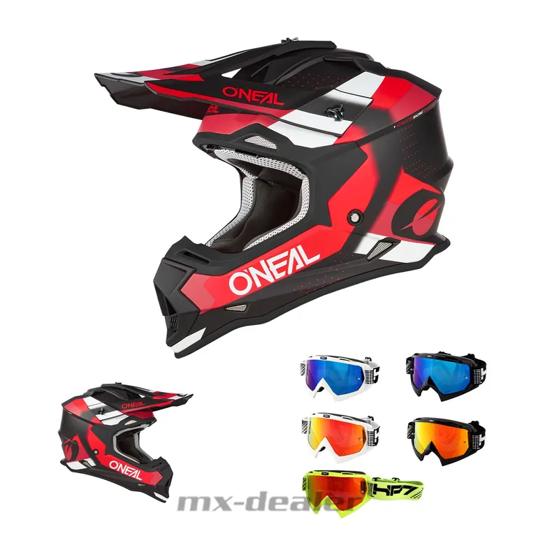 O‘Neal Crosshelm 2SRS V.23 Spyde Schwarz Rot ECE 06 MX Helm + HP7 Brille verspiegelt Top-Preis