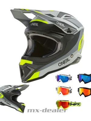 Bestpreis O‘Neal 1 SRS V24 ECE06 Stream Grau Neon MX Helm Crosshelm + HP7 Brille Motocross Cross Enduro M (57/ 58cm) schwarz rot verspiegelt