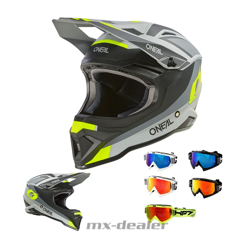 Bestpreis O‘Neal 1 SRS V24 ECE06 Stream Grau Neon MX Helm Crosshelm + HP7 Brille Motocross Cross Enduro M (57/ 58cm) schwarz rot verspiegelt