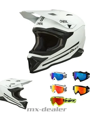 O‘Neal 1 SRS V.25 ECE06 Solid Weiß MX Helm Crosshelm + HP7 Brille Motocross Cross Enduro L (59/ 60cm) weiß blau verspiegelt Neue Kollektion