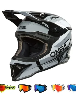 Highlight O‘Neal 1 SRS RC schwarz grau MX Helm Crosshelm + HP7 Brille Motocross Cross Enduro S (55/ 56cm) weiß rot verspiegelt