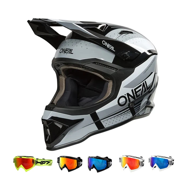Jetzt Kaufen O‘Neal 1 SRS RC schwarz grau MX Helm Crosshelm + HP7 Brille Motocross Cross Enduro XL (61/ 62cm) weiß rot verspiegelt
