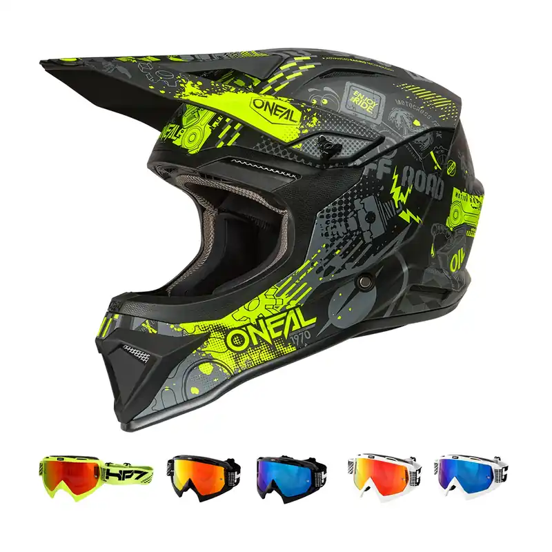 O‘Neal 1 SRS Vibrant schwarz neon MX Helm Crosshelm + HP7 Brille Motocross Cross Enduro S (55/ 56cm) weiß blau verspiegelt Markenprodukt