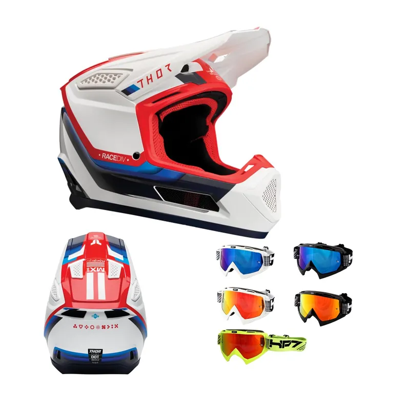 Saisonangebot Thor MX Crosshelm Fleet Defy Weiß Blau Rot + HP7 Brille MX Helm Motocross Cross XL (61/ 62cm) neongelb rot verspiegelt