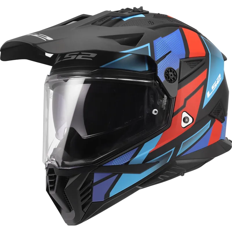 LS2 Pioneer 2 Crosshelm Block Matt Schwarz Rot Blau MX702 Dualsport Enduro Helm XL (61-62cm Zertifiziert