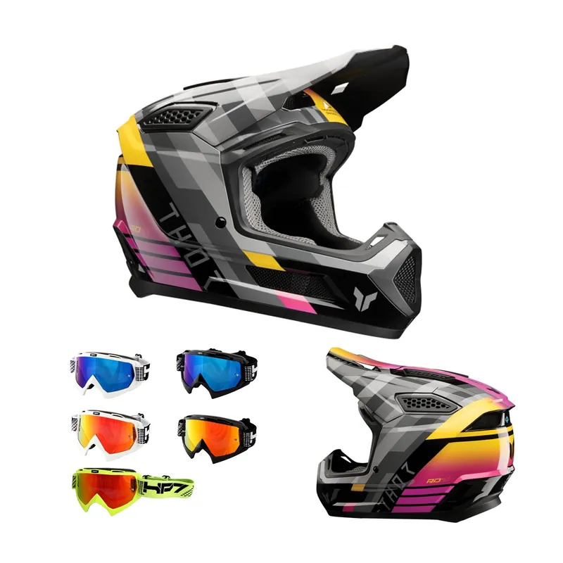 Abverkauf Thor MX Crosshelm Fleet Camber Schwarz Magenta + HP7 Brille MX Helm Motocross Cross L ( 59/ 60cm) weiß rot verspiegelt