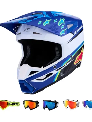 Wochenendangebot Alpinestars S-M3 SM3 Falcon Blau MX Helm Crosshelm + HP7 Brille Motocross Cross M (57-58cm) weiß rot verspielegelt
